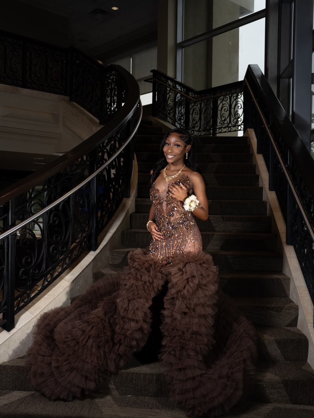 Elegant Brown Sequin Tulle/Ruffled Train Evening Gown